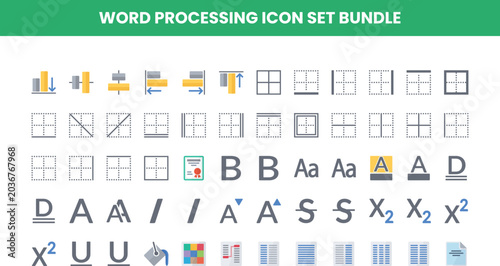Photography Word processing icon set bundle with text formatting and page layout symbols row