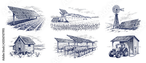 Bild auf Leinwand Agrivoltaics Solar Farm Sketch Set showcasing eco friendly agriculture, smart farming tech, solar energy integration on chicken coops, electric tractor charging, vineyard, and crop irrigating layouts