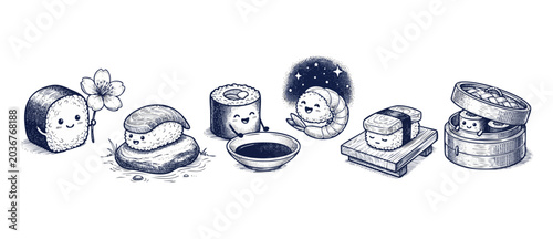Tableau sur toile Cute sushi characters vector illustration set featuring funny Japanese food roll