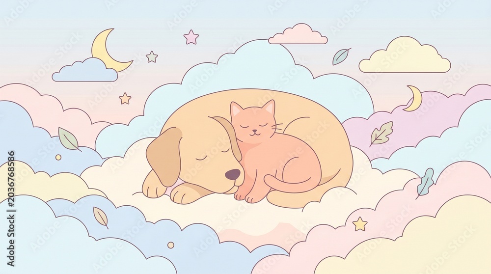 Fototapeta premium Puppy and Kitten Cuddle in Soft Cloudscape, Whimsical Illustration, Serene Environment, Adorable Perspective