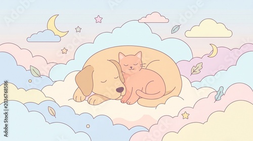Puppy and Kitten Cuddle in Soft Cloudscape, Whimsical Illustration, Serene Environment, Adorable Perspective