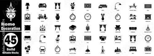 Fotografía Home decoration solid icons set with interior styling items, furniture, lighting, textiles, and residential decor symbols