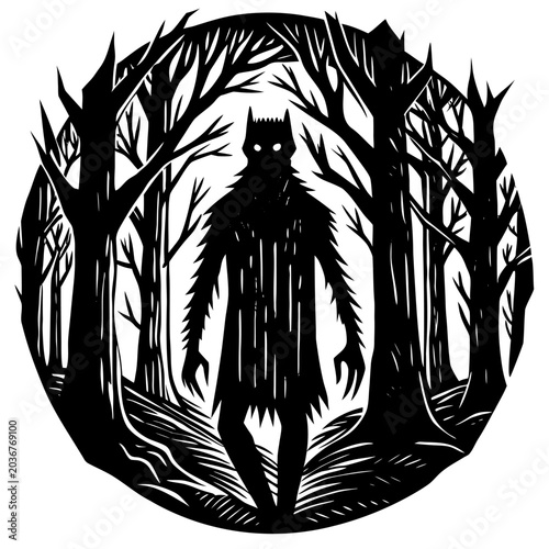 Werewolf in forest silhouette a dark vector illustration with linocut style on white background
