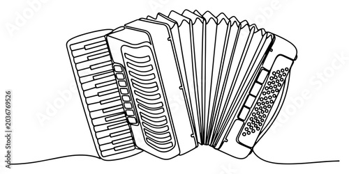 Foto Continuous one line drawing of a musical instrument accordion with keyboard and