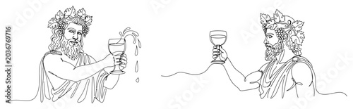Cuadro en lienzo Continuous line drawing of Greek god Dionysus holding a wine chalice and grapes
