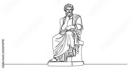 Classical Greek philosopher statue seated in deep thought drawn in minimalist continuous line art