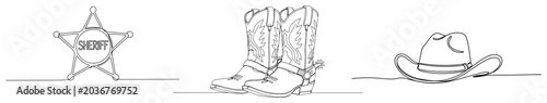 Fotografía Continuous line drawing of wild west accessories including sheriff badge boots a