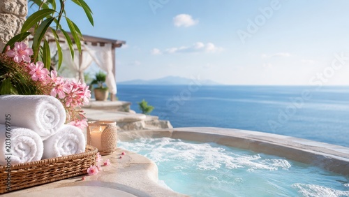 Luxury spa towels by outdoor jacuzzi with peaceful sea view
