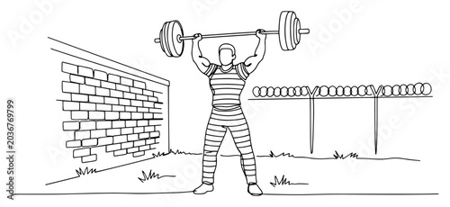 Schilderij op canvas One line drawing of a prisoner lifting a heavy barbell in a jail yard