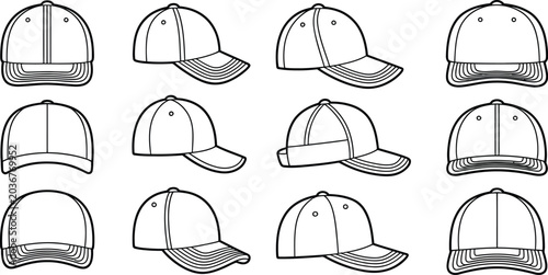 Tableau sur toile Baseball Cap, Vector Hats, 12 Different Views, Black and White, Illustration Set