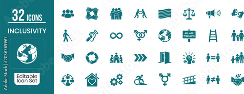 Billede på lærred Inclusivity editable icon set 32 diverse symbols for diversity and accessibility