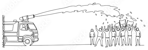 Tableau sur toile Continuous one line drawing of a water cannon truck dispersing a crowd of protes