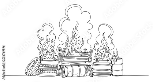 Bilde på lerret Continuous line drawing of a burning barricade with tires barrels and smoke duri
