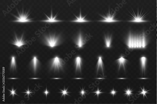 White light flare mix set. Abstract glowing burst vector design. Sparkle illumination effects for graphics.
