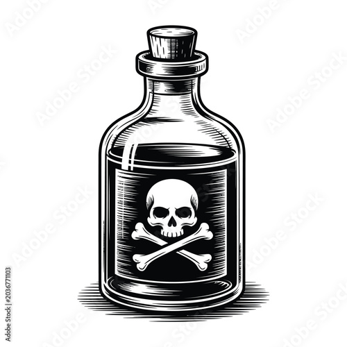 Poison bottle with skull and crossbones black and white engraving style