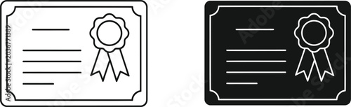 Certificate with ribbon icon set line and solid vector illustrations