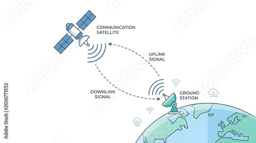 Educational diagram showing uplink and downlink communication signals between satellite and ground station.