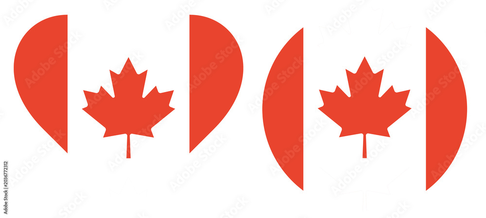 Obraz premium Flag of Canada isolated in heart shape and round flag of Canada in circle shape.