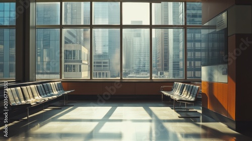 Empty waiting area, city view, sunlit interior, business travel, commercial