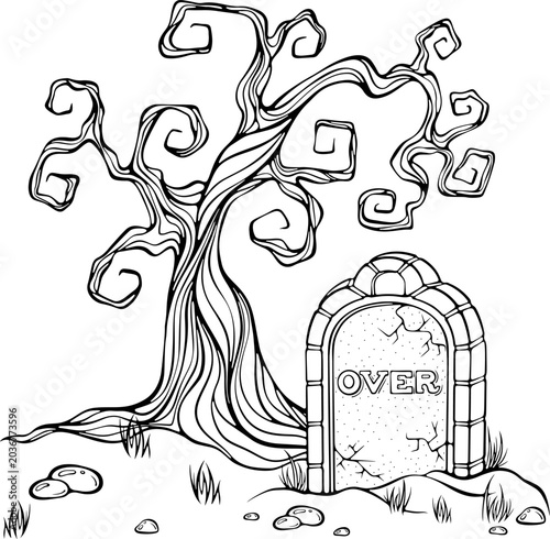 Photos Halloween composition with dry decorative tree and old cracked semicircular gravestone