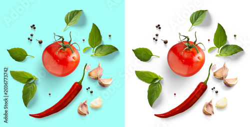 Fotografie Fresh Mediterranean Cuisine Ingredients Home Cooking Concept Red Chili Pepper Ba