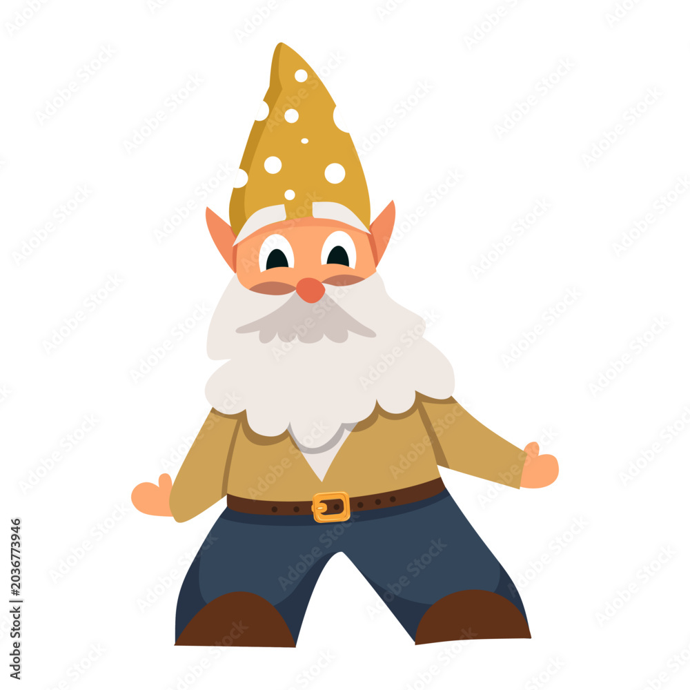 Fototapeta premium Cheerful fairytale gnome character with long white beard and yellow spotted hat