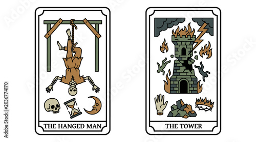 Schilderij op canvas Illustration of two tarot cards depicting fantasy scenes with mystical creatures