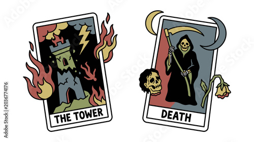 Bild auf Leinwand Illustration of tarot cards depicting death and tower scenes
