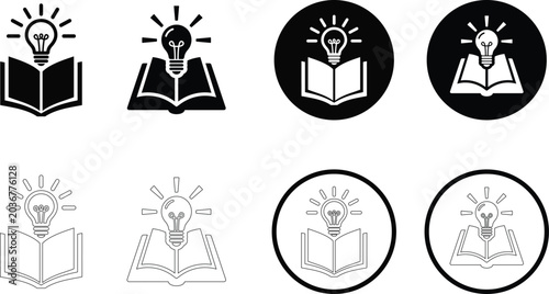 Eight variations of a black and white open book with a lightbulb icon representing knowledge and learning