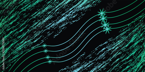 Bild auf Leinwand Glowing blue lines and stars shine brightly in a dark space with streaks of green light moving diagonally