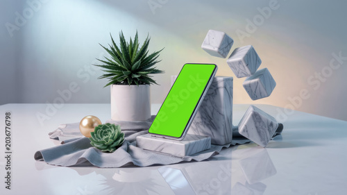 Smartphone with green screen on marble block surrounded by plants and decorative objects on white table