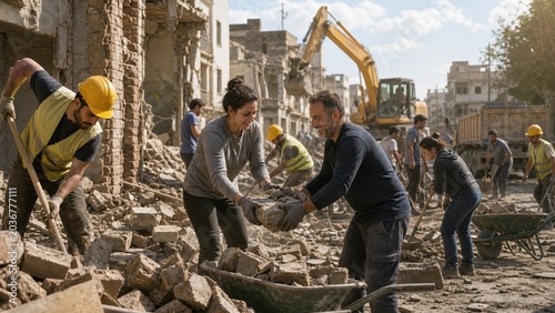 Community members work together to clear debris after a natural disaster in a city location during the day