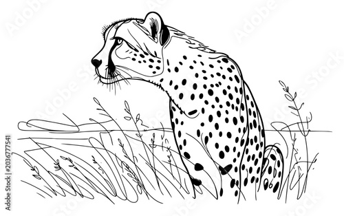 Fotografia Cheetah profile portrait in savanna grass line art, wild cat predator sketch vec