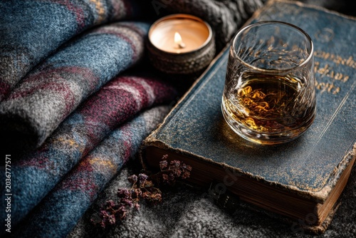 A cozy arrangement features tartan fabric alongside a whisky glass, a poetry book, and candlelight emphasizing warm Scottish-inspired ambiance