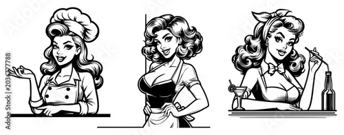 Photos Set of vintage pin-up girl characters as chef waitress and bar guest, retro 1950