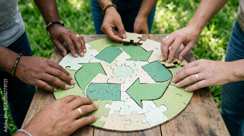 Diverse people assembling round puzzle with recycling symbol. Collaboration for environmental sustainability and eco friendly lifestyle. Concept of teamwork for Earth protection.