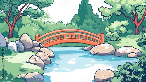 Peaceful Japanese Garden Bridge Scene - Nature Background - Print, Card