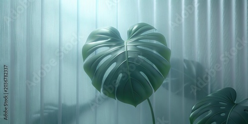 Green palm with reeded glass. Plant leaves. Minimalist vanity background with frosted texture for spa aesthetic. Ribbed Background. White Reeded Glass. Luxury cosmetic wall with summer decoration.