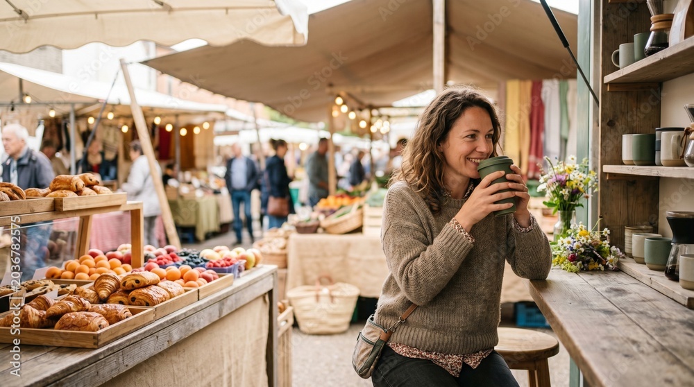 Fototapeta premium Young woman enjoying coffee at outdoor market with fresh produce 