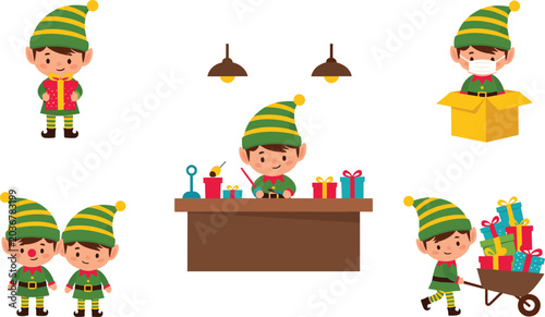Foto Christmas Elf Character Set with Santa Helpers Making and Packing Holiday Gifts