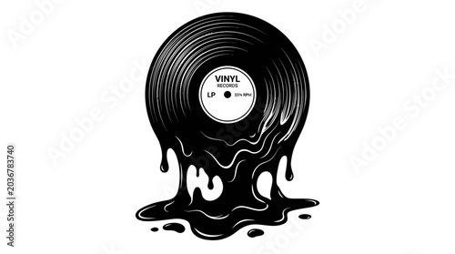 Stylized graphic illustration of a melting black vinyl record, depicting a fluid and cool artistic interpretation of music, sound, and retro audio culture