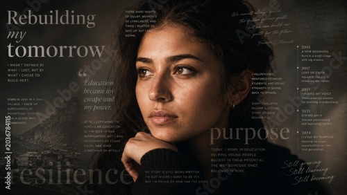 Reflective young woman with typographic text layout in cinematic emotional editorial style on dark textured studio background for mental health resilience poster campaign