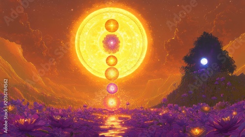 Colorful Chakras Sunset Landscape; spiritual energy