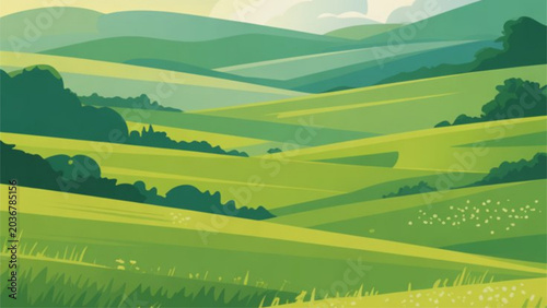 Beautiful rolling green hills landscape with soft pastel colors under clear sky Vector