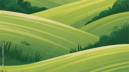 Bild auf Leinwand Green rolling farmland with terraced hills under clear sky Vector