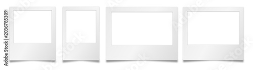 Collection of four white polaroid style photo frames in horizontal and vertical orientations isolated on transparent background for diverse photography mockups.