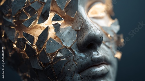 Close up of a shattered stone face statue with bright golden light glowing from the cracks conceptual kintsugi art of inner strength and healing.