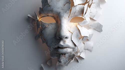 Surreal broken white marble face mask shattering with golden light glowing from cracks conceptual art of identity and mental health.
