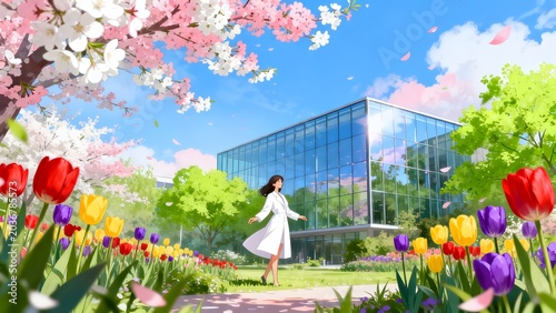 Woman walking in garden with tulips and modern building