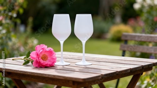 Two wine glasses and a pink flower on a wooden table